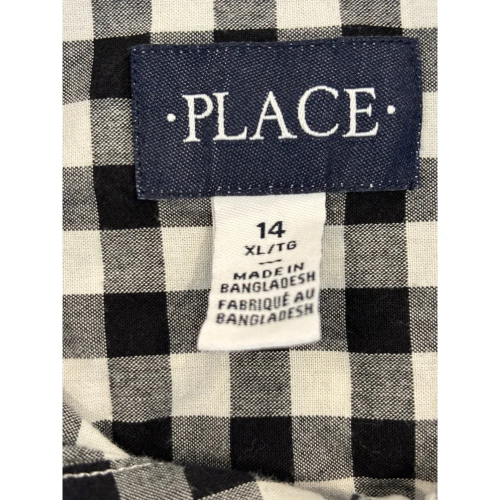 Childrens Place Boys XL 14 Gingham Button Down Shirt Black White Long Sleeve